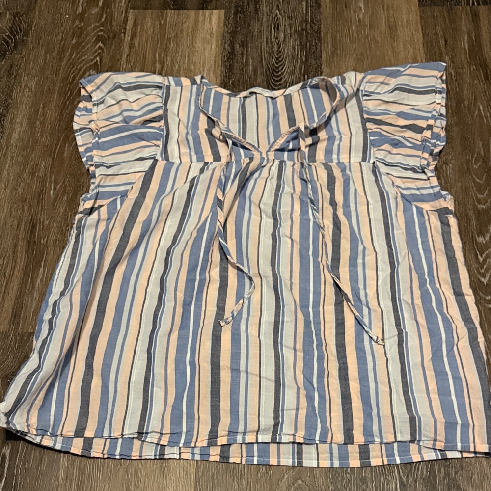 Lucky Brand Striped Tie-Front Flutter Sleeve Blouse - Blue & Peach